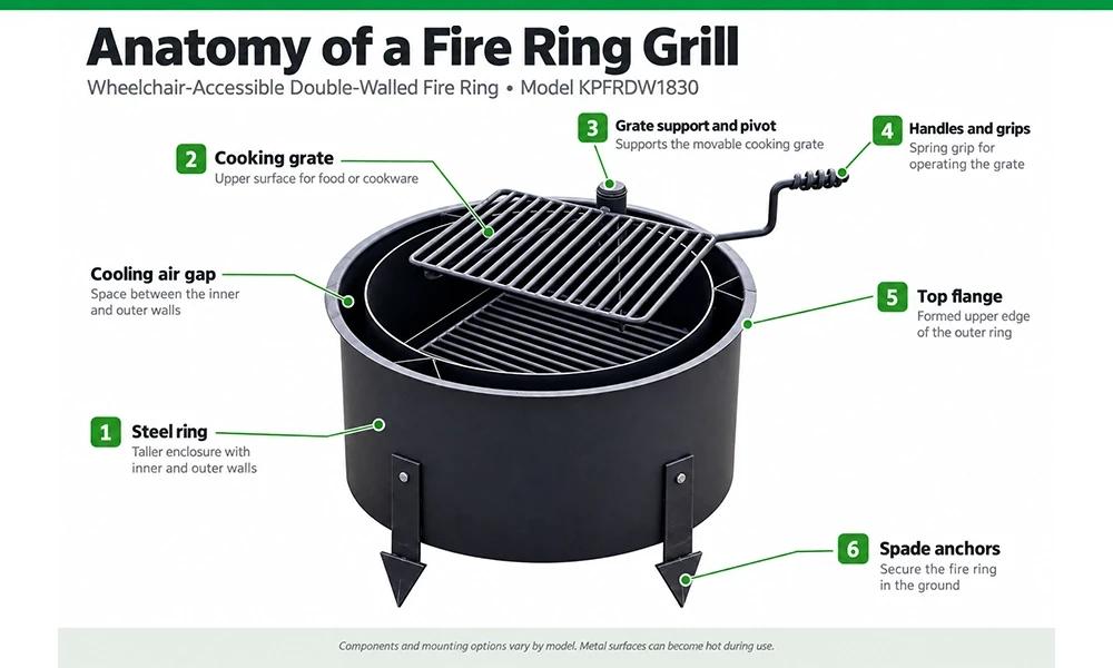 Anatomy of a wheelchair-accessible double-wall fire ring grill showing the steel enclosure, cooking grate, handles, cooling air gap, and spade anchors.